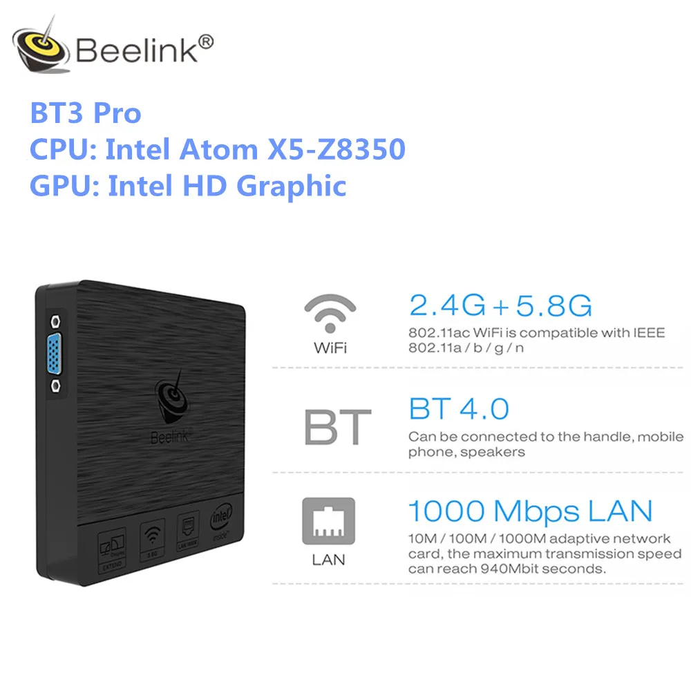  Beelink BT3 Pro Mini PC Win 10 Intel Atom x5-Z8350 4GB DDR3 64GB 2.4+5.8GHz WiFi Bluetooth 4.0 Ethe