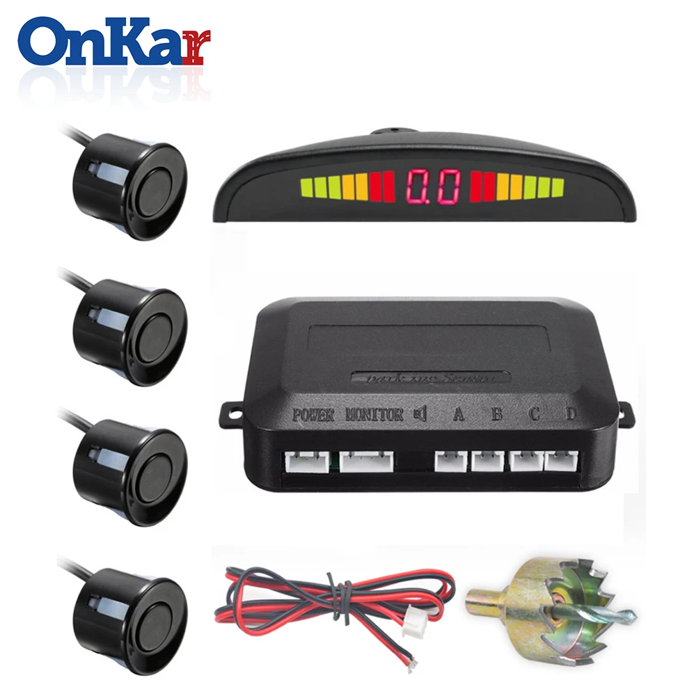 

ONKAR Parktronics Car Auto Parking Sensors LED Monitor Sytem Reverse Backup Radar Display Sound 4 Sensors 12V Head Unit