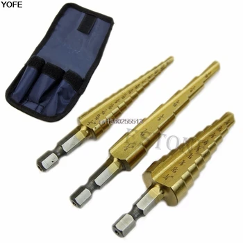 

3Pcs Steel Titanium Coated Step Drill Bit Quick-change 1/4" Hex Shank With Bag