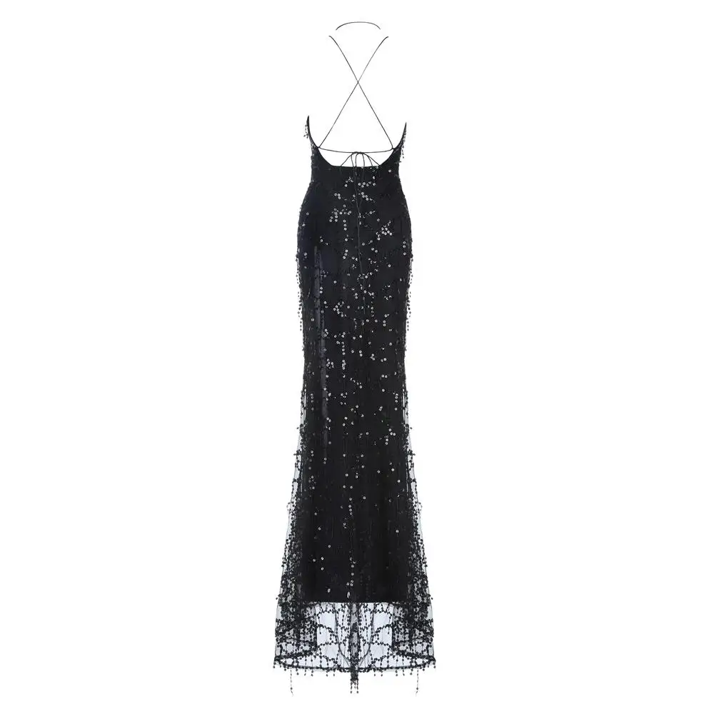 Women's New Products Summer Celebrity Party Split V-neck Sling Halter Fringe Sequins MAXI Long Skirt Sexy Fash Dress+ suit