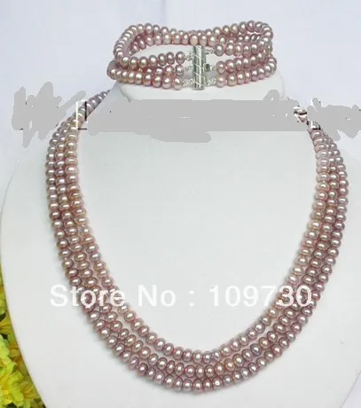 

Jewelry 00506 Genuine 3row lavender pearls necklace bracelet set 925s hot