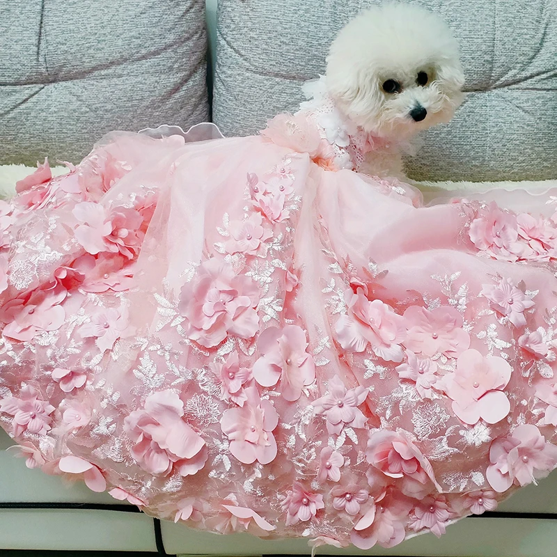 

Pet Dog Dress Princess Luxury Trailing Wedding Dress For Small Dogs Handmade Flowers Embroidery Lace Puppy Clothes Skirt Poodle
