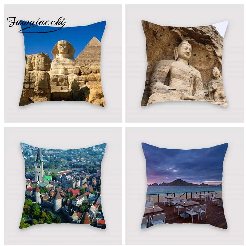 

Fuwatacchi Scenic Printed Cushion Cover Pyramid Oceanside Lake Mosque Pillow Cover Mountain Decorative Pillowcase for Home Sofa