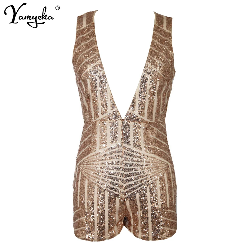 2018 Summer Gold Sequin Embroidery Elegant Sexy Jumpsuit Romper Transparent Mesh Sleeve Playsuit Women Deep V Neck Overalls