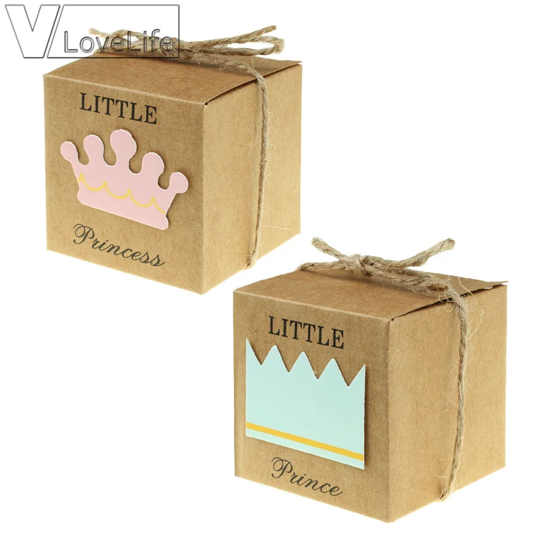 

50pc/lot Baby Shower Newborn Baby Candy Box Little Prince Little Princess Crown Candy Boxes Lovely Baby shower Party Gift Boxes