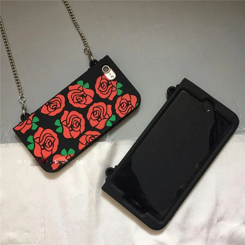 

New Instagram 3D Romantic Rose Silicone Case for iPhone 7 7plus 6 6s 6plus Soft Gel Back shell Funda Cover with chain