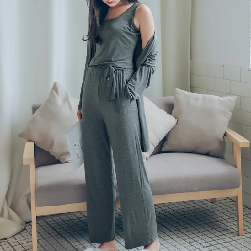 Shein pijama de verano para mujer, ropa de dormir sexy, chaleco de modal +  Pantalones + cárdigan, conjunto de 3 piezas, lencería suelta, ropa de casa,  2019|Sets de pijamas| - AliExpress