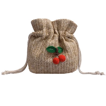 

Straw Bag Ladies Beach Bag Personality Messenger Bag Drawstring Cherry Lady Retro Hand-Woven Fashion Shoulder Bag Coffee