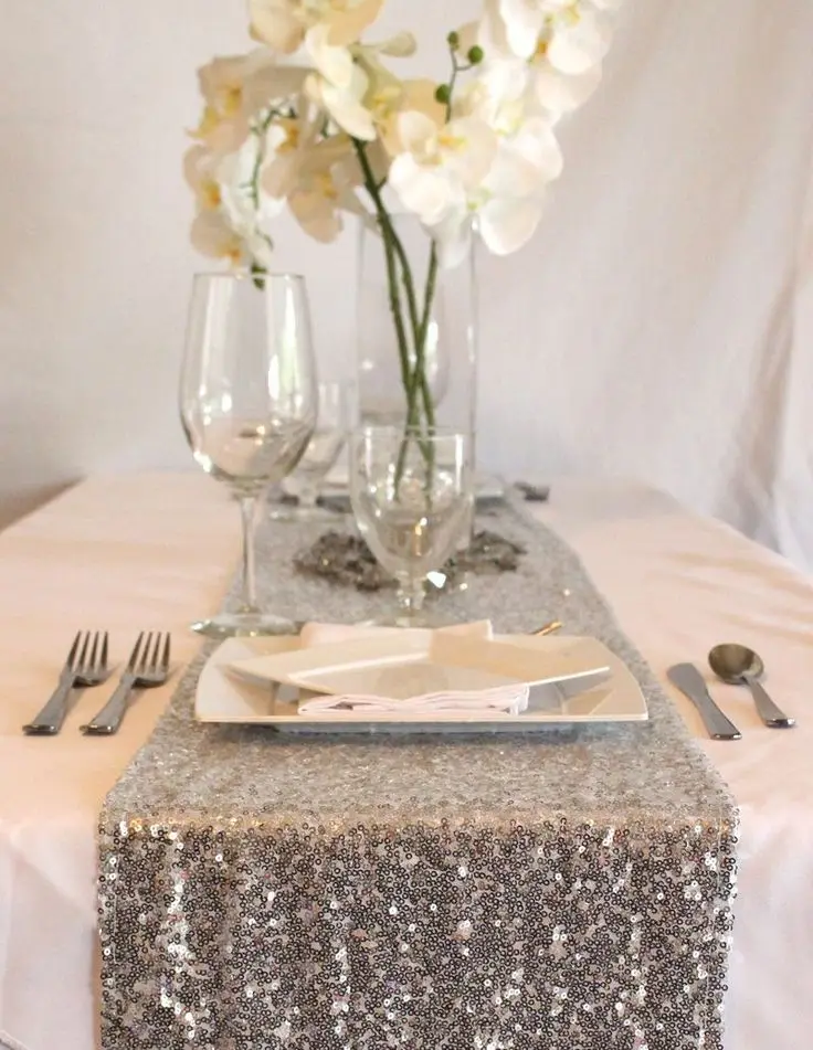 Sparkling Sequin Table Runner In Silver 15 Wide By 108 Long Dana