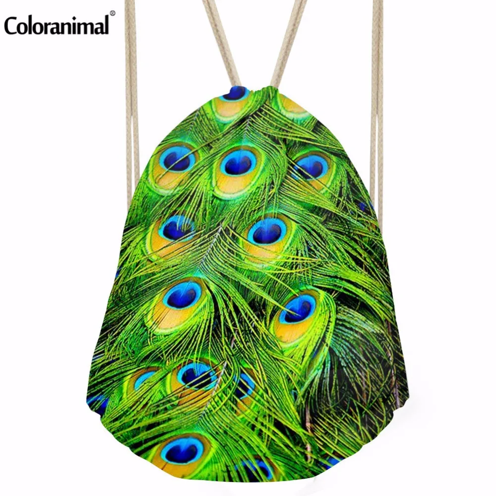 

Coloranimal Vivid Peacock Feather Drawstring Bags Women Boys Male Tote String Shoulder Backpacks Small Kids Girls School Bags