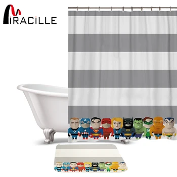 

Miracille Cartoon Cute Superman Printed Waterproof Polyester Fabric Shower Curtain and Anti-slip Bath Coral Velvet Door Mat Set