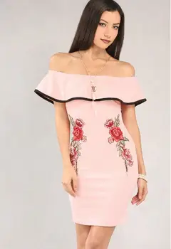 

Hot sale Bandage Dress sexy women Strapless Slash Neck Backless Embroidery Birthday Party celebrity body con Dresses wholesale