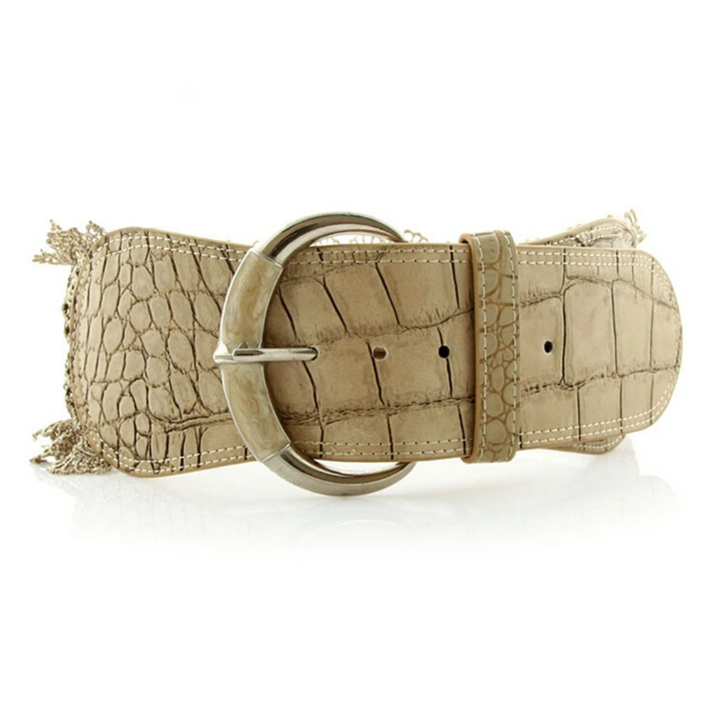 

Fashion Women's Elastic Waist Belt Corset Faux Leather Lace Stretch Waistband Wide Needle Buckle Cummerbunds White Color