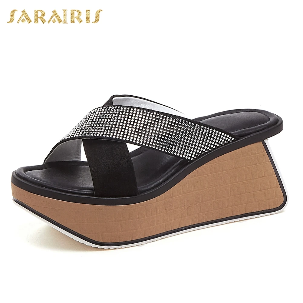 

Sarairis New Fashion Mixed Colors Sheepskin Genuine Leather Shoes Slippers Woman 2019 High Heels women's Wedges Shoes Woman