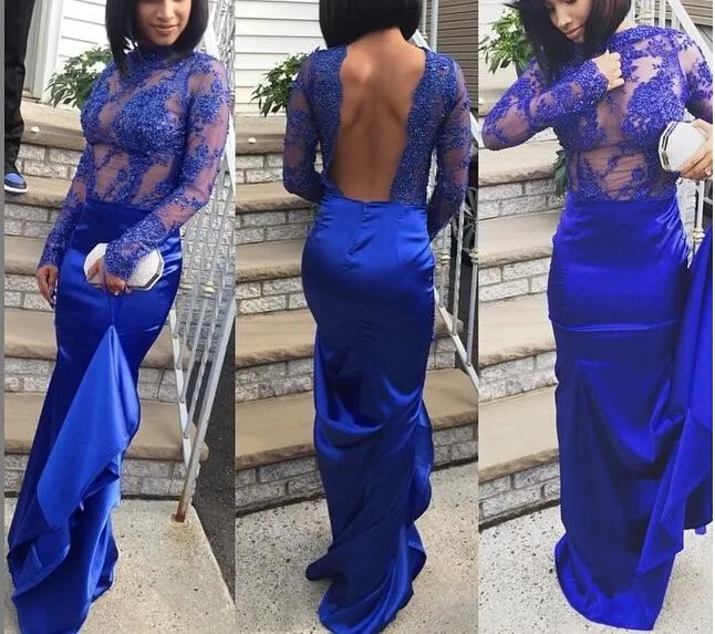 

Elegant Mermaid Long Evening Dress 2017 backless long sleeves appliques sheer tulle prom dresses vestido de festa formal dress