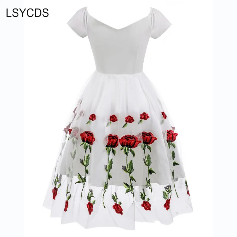 Летние белые кружевные платья, сексуальное Сетчатое Повседневное платье с вырезом лодочкой и вышивкой розы для вечеринки, рокабилли, 50s 60 s, винтажные Ретро платья