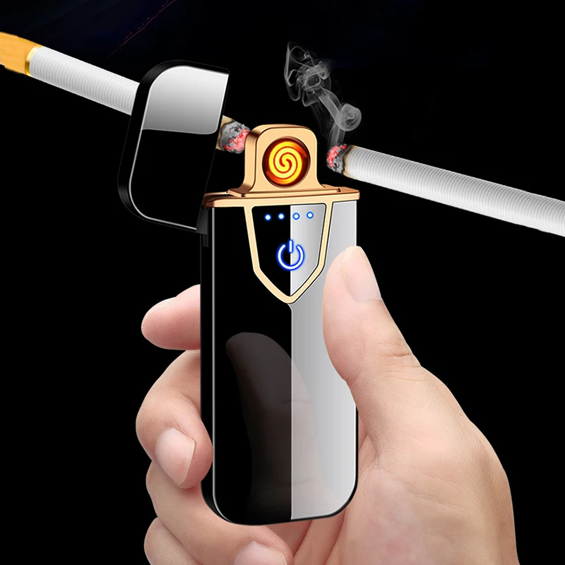 Металлические ультра-тонкие сенсорные электрические зажигалки для сигарет перезаряжаемые зажигалки USB ветрозащитные беспламенные зажигалки