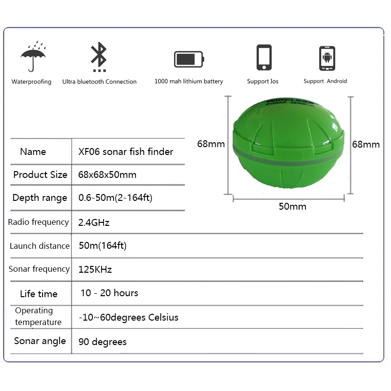 Ecobatímetro para Lago Sensor de Profundidade Portátil sem Fio Peixe Localizador Bluetooth Fishfinder Sonar Mar Pesca Ios & Android 6 Inventor de peixes portátil bluetooth sem fio