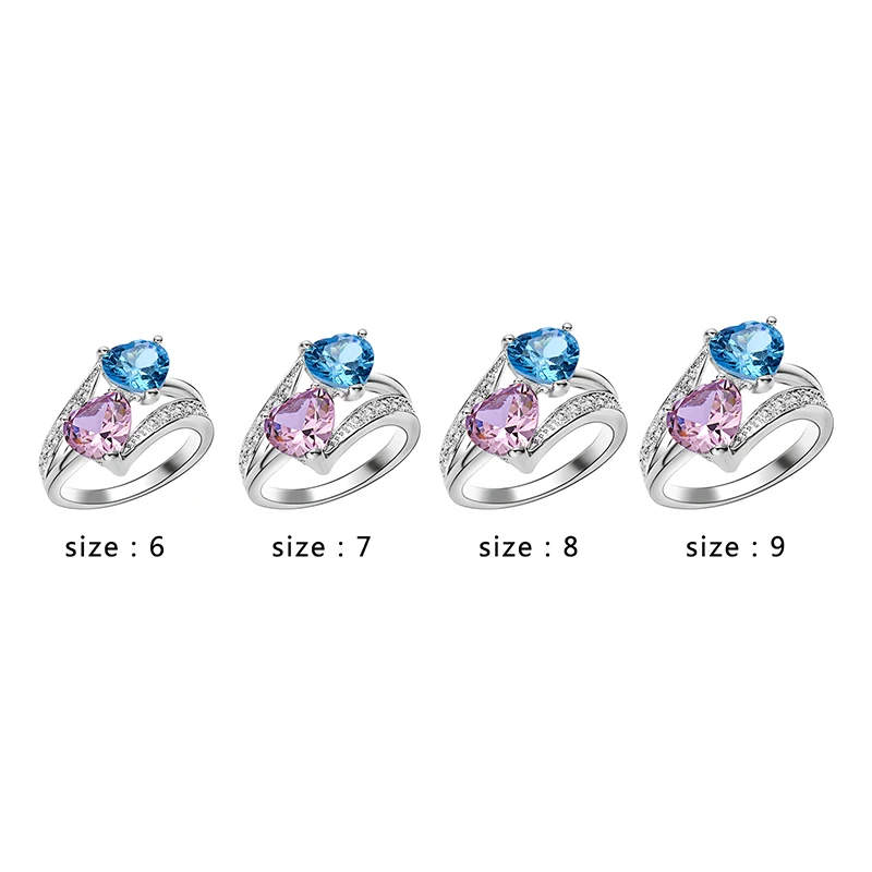 Модные синие розовые кольца с прозрачными стразами кубический циркон женские кольца с двойным сердцем для женщин Свадебные вечерние ювелирные изделия