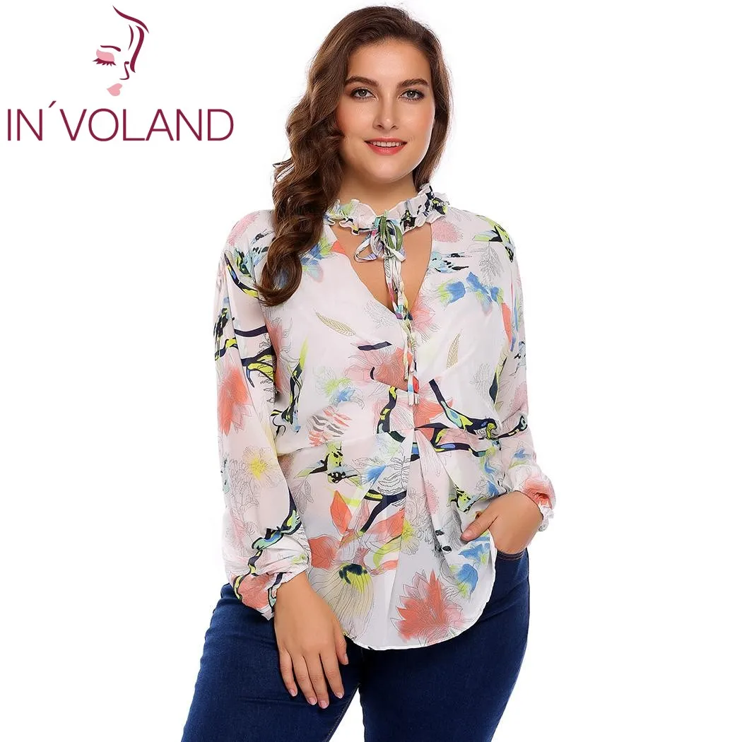 

IN'VOLAND Plus Size M-3XL Women Chiffon Blouse Blusas Tops Autumn Spring V-Neck Long Sleeve Dot Floral Tie Shirt Female Pullover