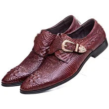 Модельные туфли под крокодиловую кожу винно-красного и черного цвета; мужские деловые туфли из натуральной кожи; официальные свадебные туфли с пряжкой