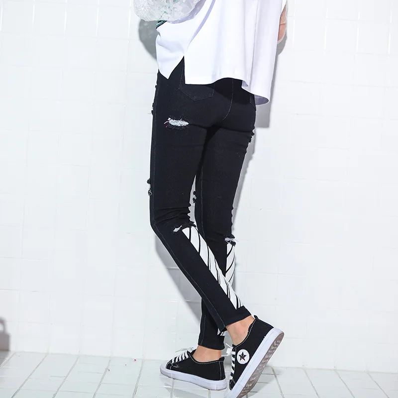 Negro longitud Agujeros Mujer Moda De Silm Harajuku Salvaje Pantalones Primavera Vaqueros Lápiz Tobillo Elasticidad Otoño x6qSCxwvA