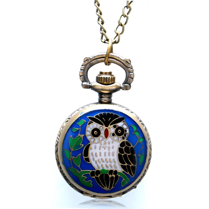 2016 New Cute Lovely Blue Owl Enamel Pocket Watch Quartz Small Round