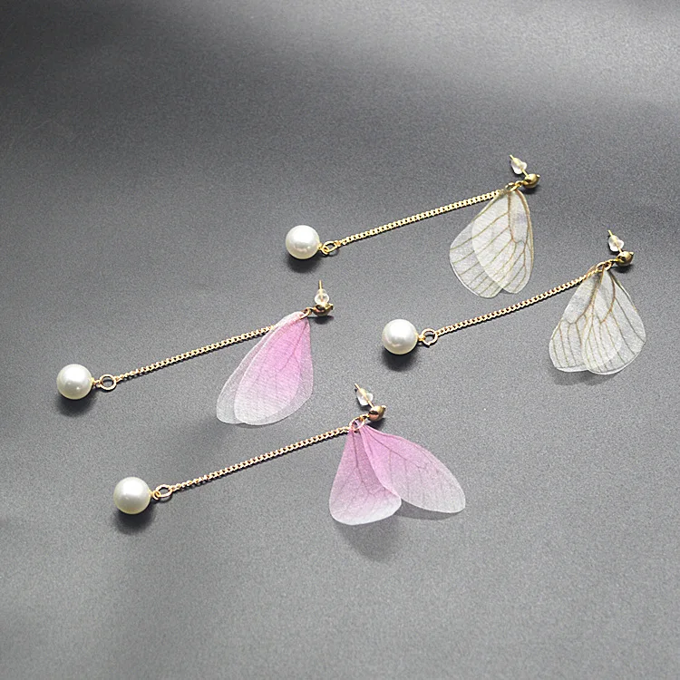 

New arrival simple temperament earrings jewelry fairy fashion wild tassel pearl female long wings stud earrings