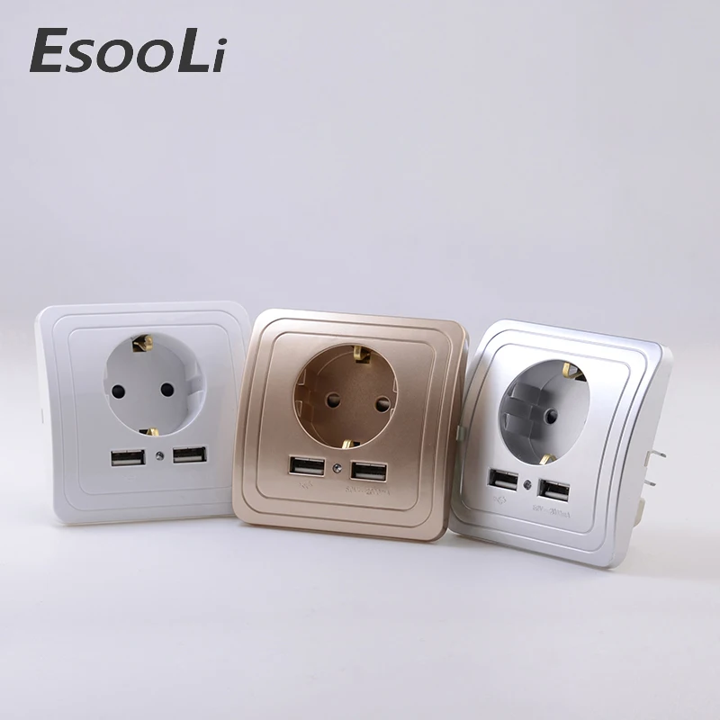 Esooli, двойной USB порт, настенное зарядное устройство, адаптер для зарядки, 2А, настенное зарядное устройство, адаптер, штепсельная вилка европейского стандарта, розетка, электрическая панель с заземлением