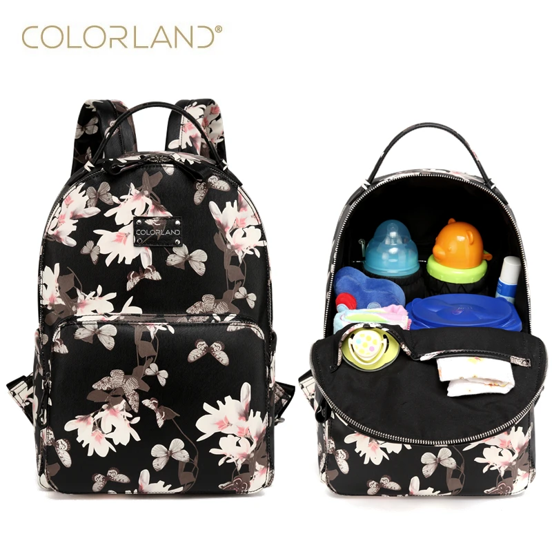 COLORLAND PU Leather Baby Bag Organizer Tote Diaper Bags Mom Backpack Mother Maternity Bags Diaper Backpack Large Nappy Bag 