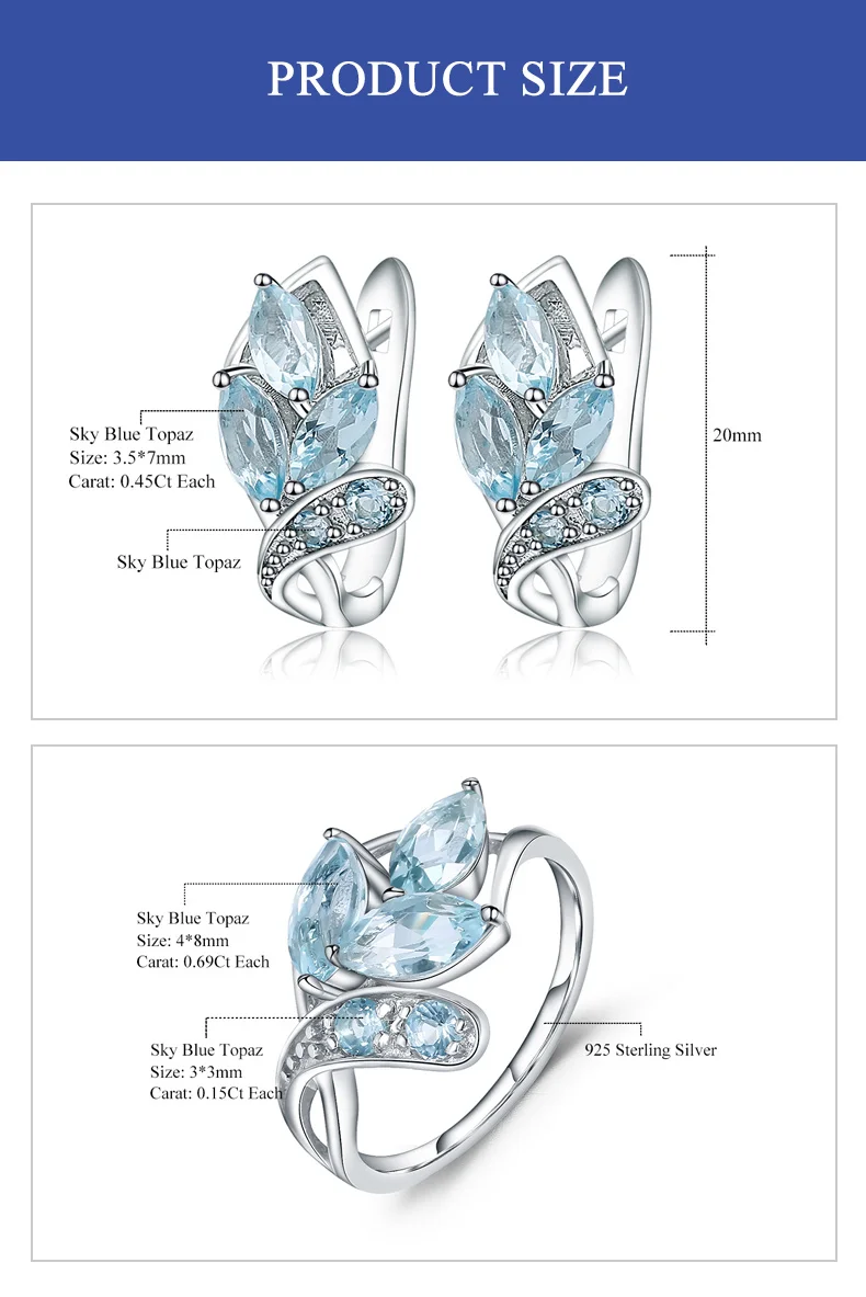Gem балетки лист Форма натуральный цвет Небесно украшения с голубым топазом Комплект 925 пробы Серебряные серьги кольцо комплект ювелирных