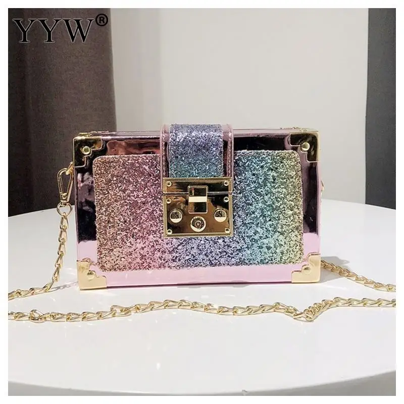 

Wedding Party Women'S Box Bag Leather Sequin Shoulder Bags Elegant Designer Evening Clutch Purse Pink Crossbody Bag Pouch 2019