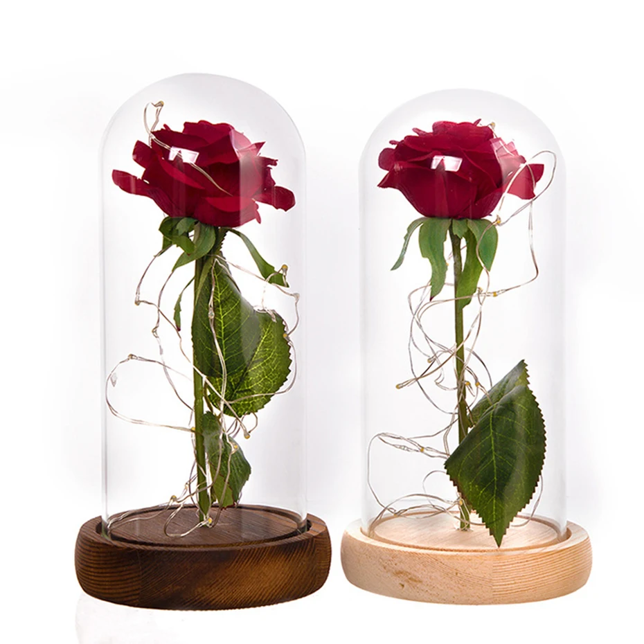 Valentine's Day Red Rose in a Glass with Dark Base Beauty and Beast LED Light for Mother's Gifts | Дом и сад