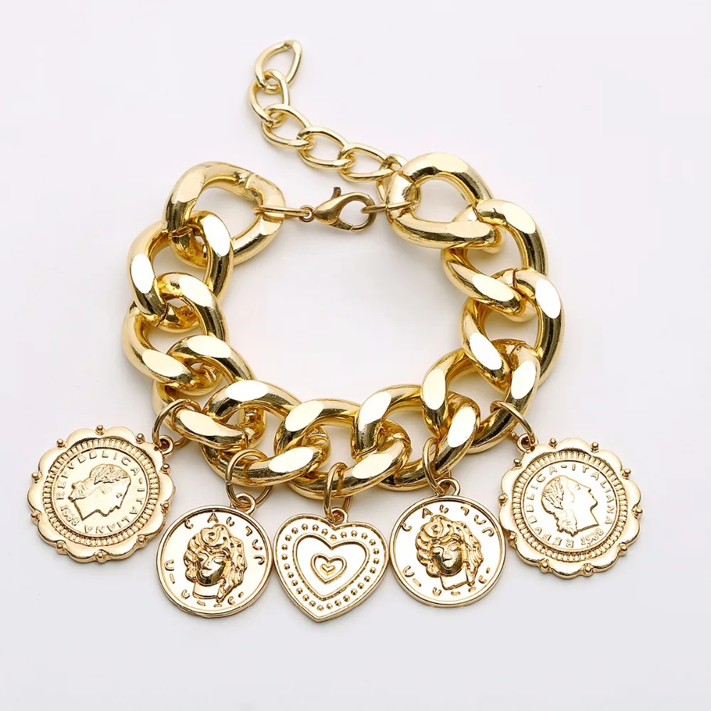 Слюн za Мода Золотая цепь браслет с шармами в виде монет заявление женщин мода ювелирные изделия оптом