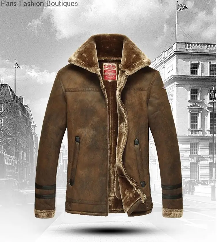 2015 Winter Men's Leather Trench Coat Long With Fur Collar Military Faux Fur Lined Coat Thicken