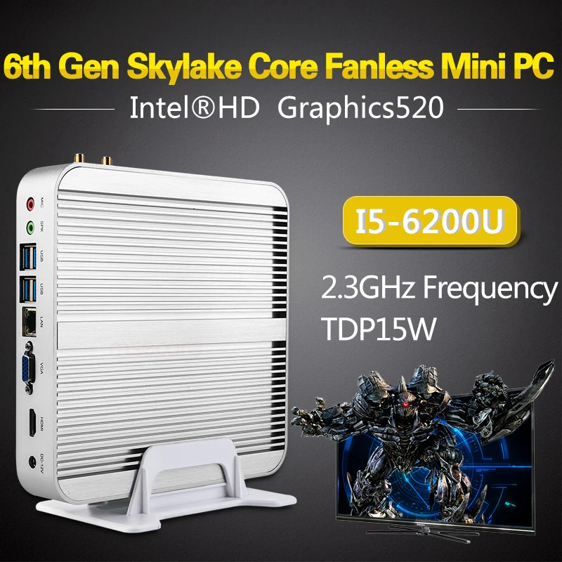 Intel Fanless i5 6200U Mini PC Desktop Computer Windows 10 Nettop barebone system NUC Skylake HTPC HD520 Graphics 4K 300M WiFi