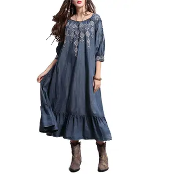 

Summer 2019 Women Vintage Dress Ladies Embroidered Flouncing Lace Maxi Long Dresses Femme Retro Cotton Denim Dress