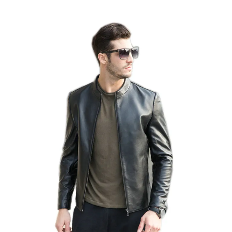 stand collar slim autumn genuine men leather jacket sheepskin  mens leather jackets and coats plus size 4xl biker jacket jf0158
