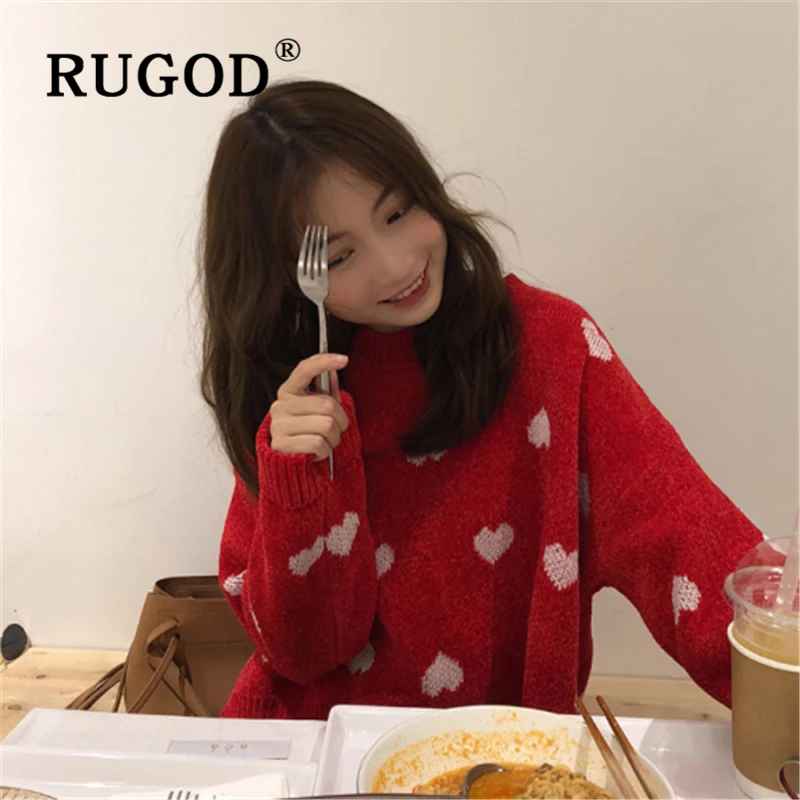 

RUGOD Korean chic heart printed women sweater Fashion round neck long sleeve pullovers female Elegant Auturn winter streetwear