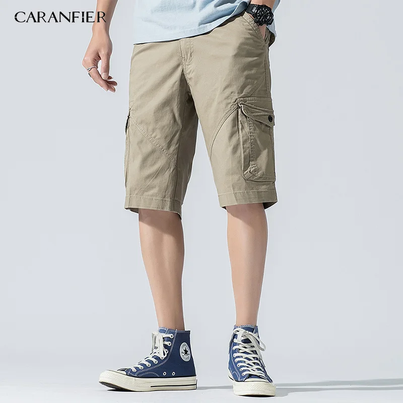 Khaki CARANFIER/мужские летние модные повседневные однотонные хлопковые шорты с карманами на молнии, прямые спортивные штаны больших размеров - Цвет: Khaki