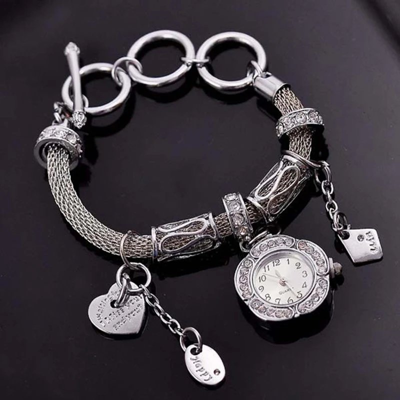 

Luxury Ladies Wrist Chain Rhinestone Pendant Watch Quartz Analog Pointer Wristwatch Round Alloy Chain