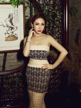 

Top Quality Celebrity Khaki Black Strapless Jacquard Trumpet Rayon Long Bandage Dress Cocktail Party Elegant Dress