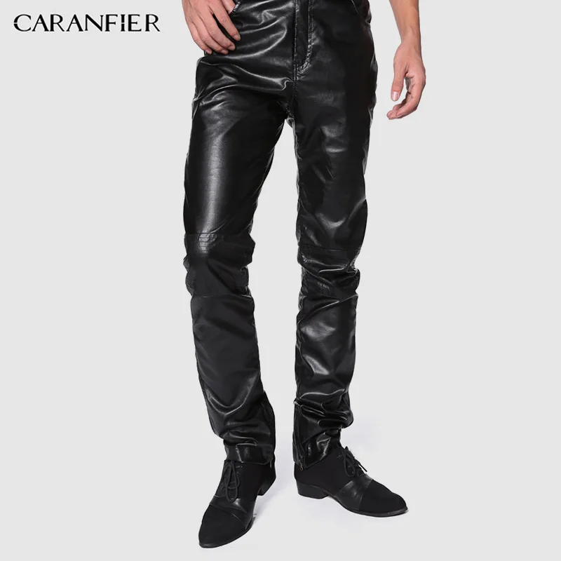 CARANFIER бренд 2019 новые мужские кожаные брюки эластичные с высокой талией легкие повседневные брюки из искусственной кожи тонкий моторчик