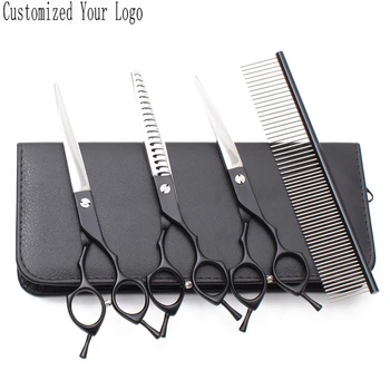 

4Pcs Suit 7" 440C Customize Logo Comb Straight Scissors Thinning Shears Down Curve Shears Grooming Scissors Pet Shears Set C3009