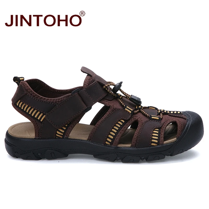 JINTOHO/Новинка; летняя пляжная обувь; мужские сандалии из натуральной кожи; модные мужские сандалии для прогулки ботинки для воды; обувь для верховой езды