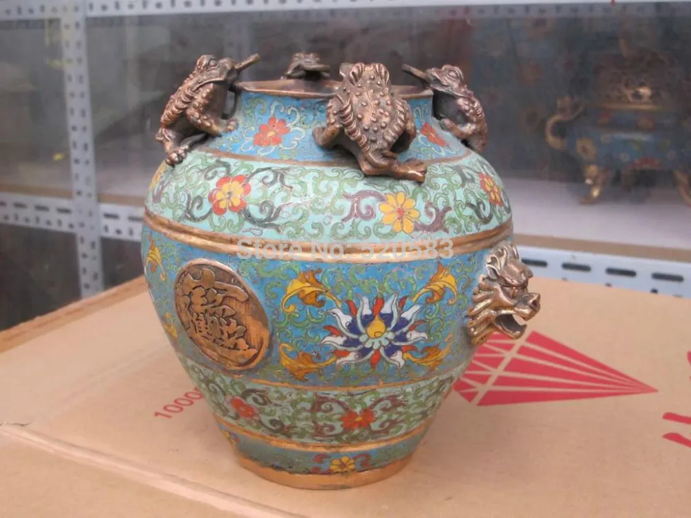 

free 8"China vintage Cloisonne bronze piggy bank Spittor Frog Lion Money Pot Coin Jar fast