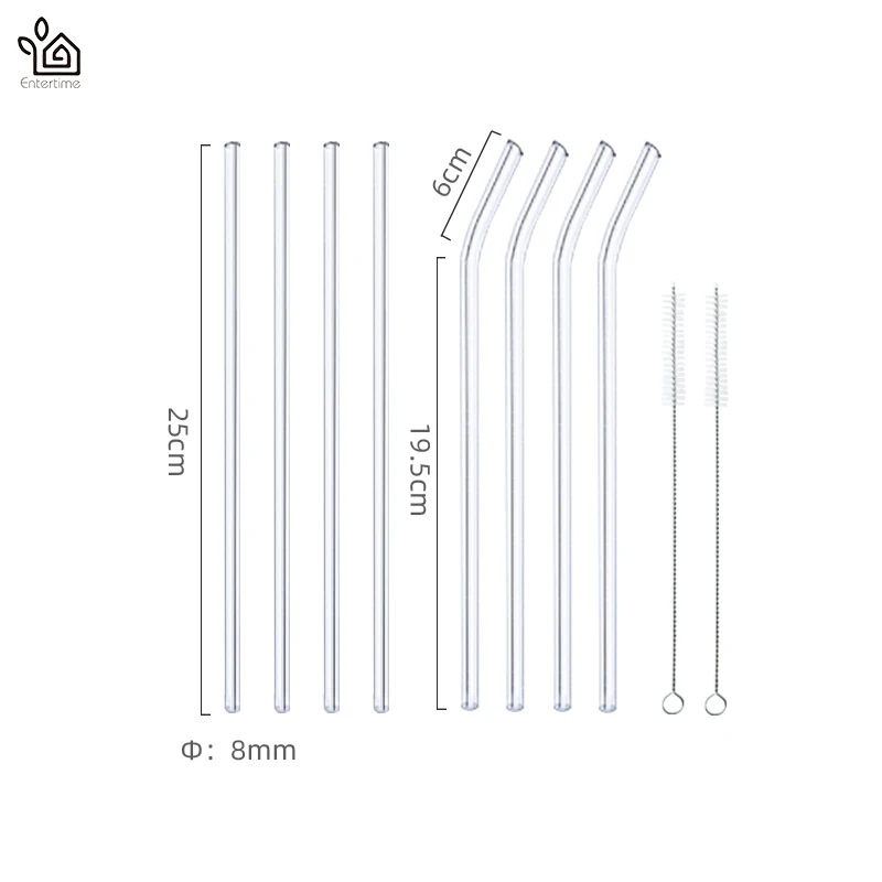 Развлекательный набор из 4 шт многоразовые гнутые стеклянные Соломинки+ 4 шт ПРЯМЫЕ стеклянные Соломинки+ 2 шт щетка для очистки - Цвет: 25cm
