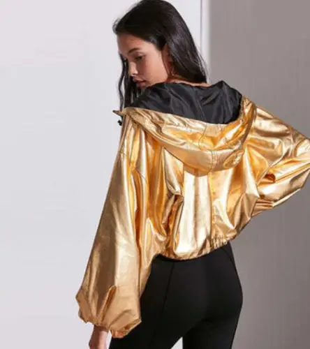 Womens Gold Sleeves Hooded Casual Loose Jacket Short Waist Length Outerwear Coat S34