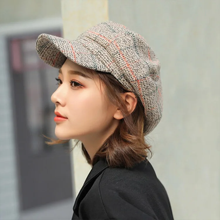 New Fashion Autumn Winter Beret hat Women Ladies Octagonal Newsboy Cap Female Vintage Plaid Artist Painter Beret Hat