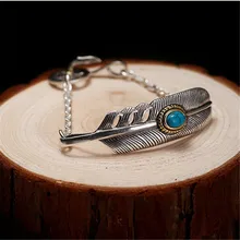 Винтажный Индийский стиль Твердое Серебро 925 браслет для мужчин и женщин перо синий камень чистое серебро 925 пробы Топ Модный Браслет из цепочки